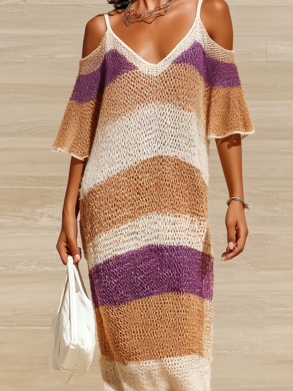 Chic Casual Colorful Striped Off-Shoulder V-Neck Short-Sleeve Loose Side Slit Ribbed Knit Maxi Dress