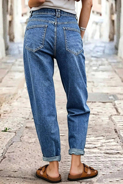 Wash Roll Hem Patched Pocket High Waist Tapered Crop Jeans