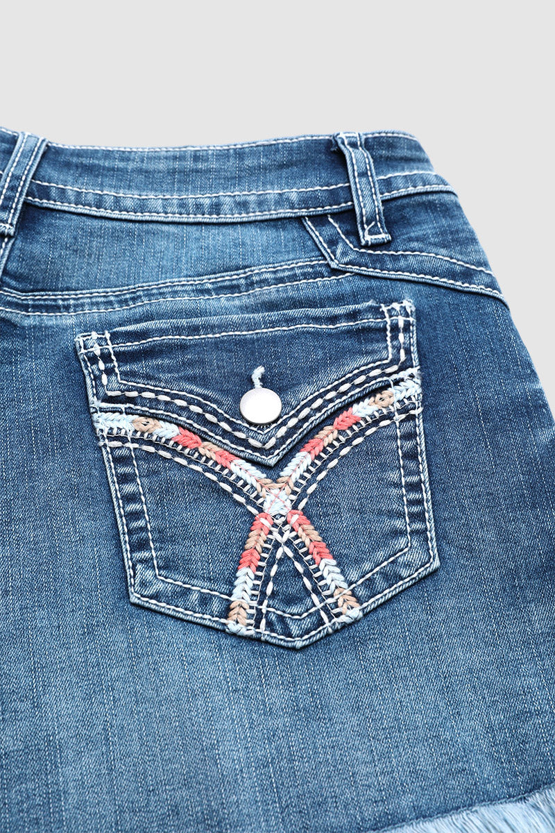 Raw Hem Embroidery Flap Decor Split Mid Waist Denim Shorts