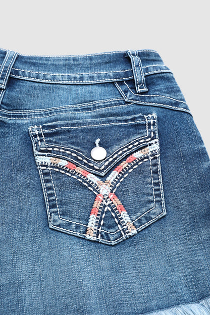 Raw Hem Embroidery Flap Decor Split Mid Waist Denim Shorts