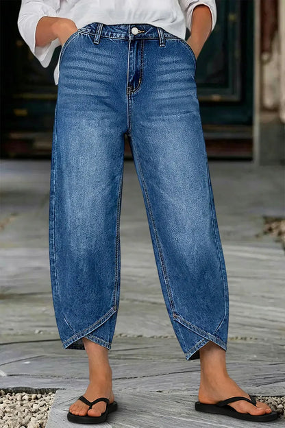 Wash Tulip Hem High Rise Straight Leg Crop Jeans