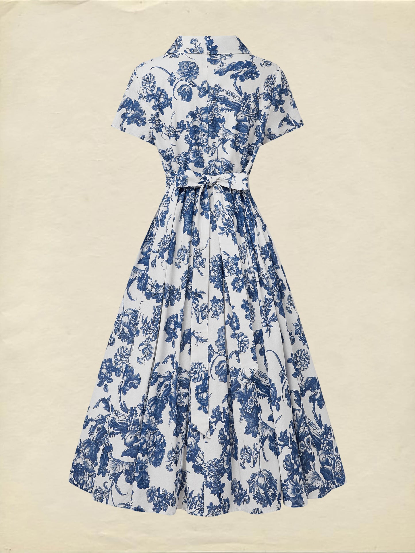 Robe midi en lin, manches courtes, col châle, florale, vacances, vintage, bleue