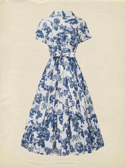 Robe midi en lin, manches courtes, col châle, florale, vacances, vintage, bleue