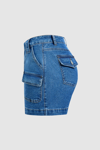 Wash Flap Pocket Mid Rise Denim Shorts