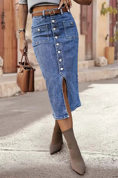 Wash Split Hem Button Up Midi Denim Skirt Without Belt