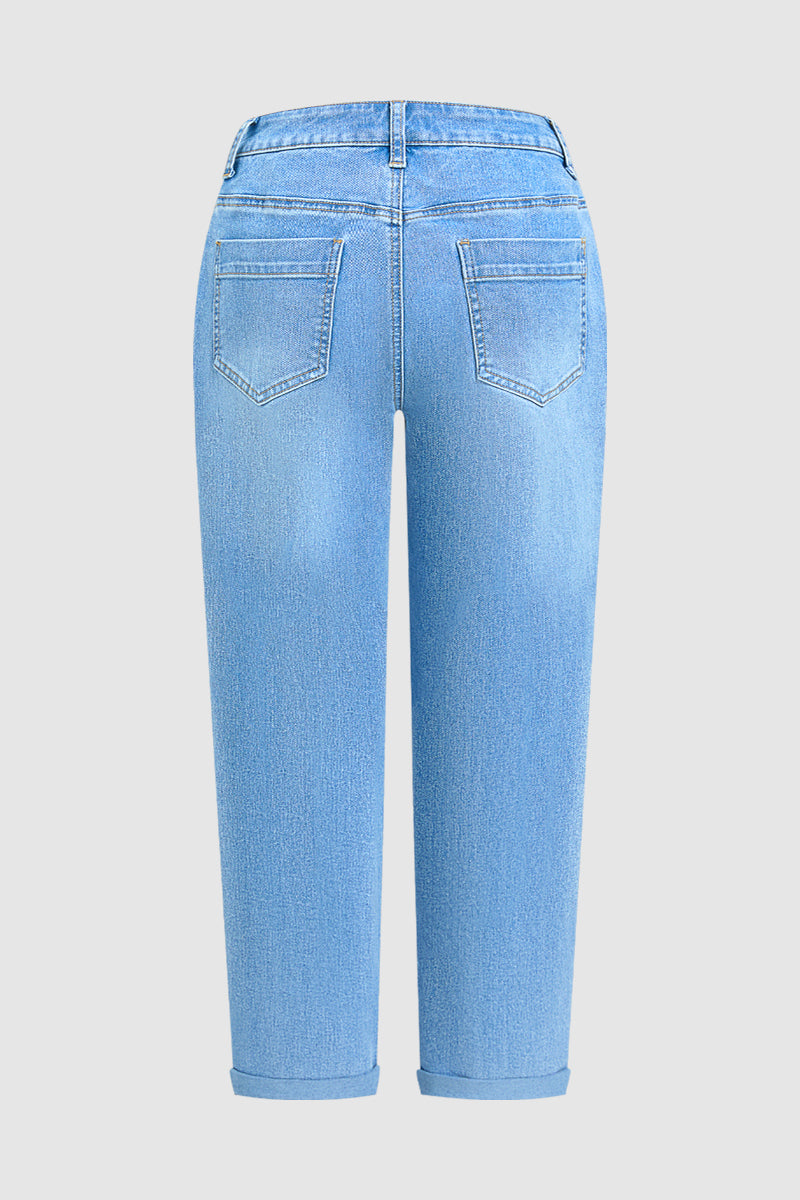 Wash Roll Hem Mid Waist Straight Leg Crop Jeans