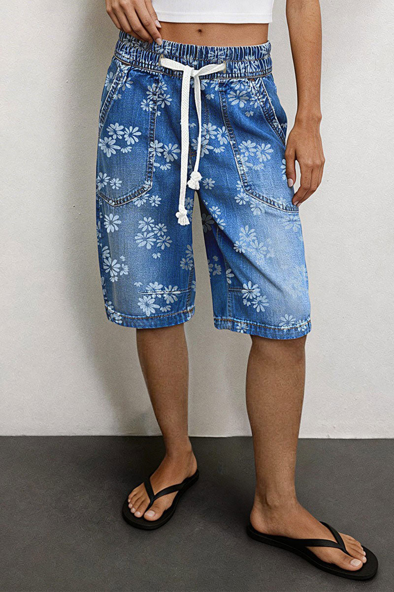 Floral Print Drawstring Mid Waist Denim Bermuda Shorts