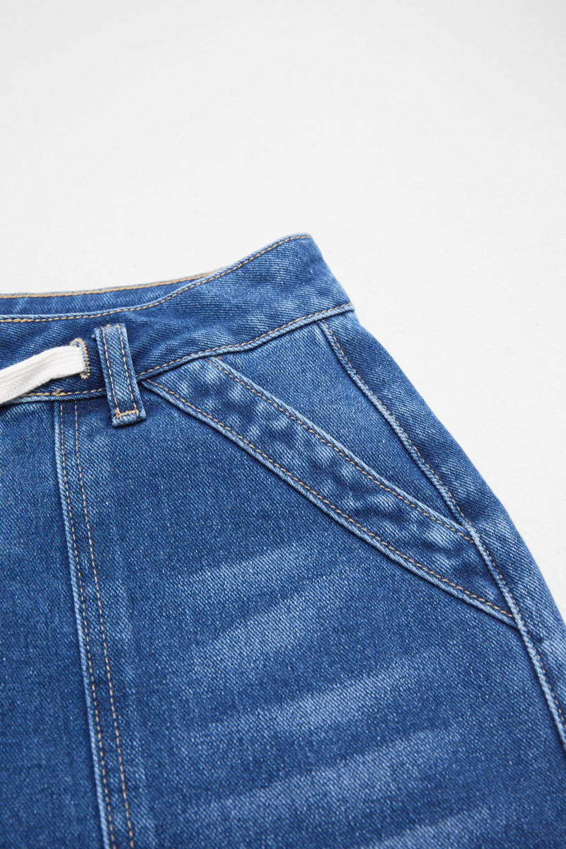 Wash Flap Pocket Drawstring Mid Rise Denim Bermuda Shorts