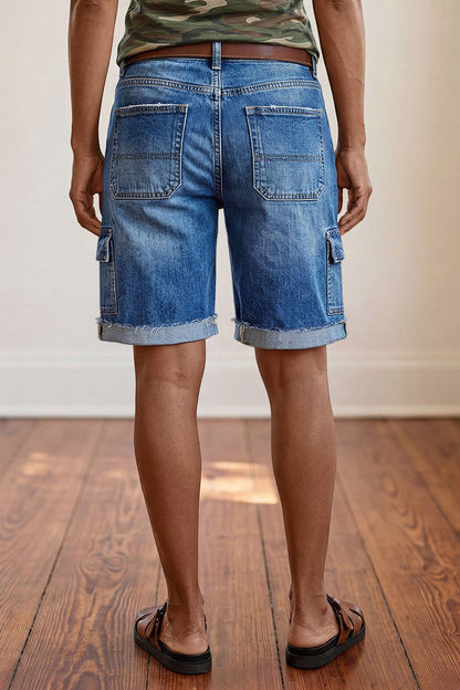 Wash Raw Hem Flap Pocket Mid Waist Denim Bermuda Shorts Without Belt