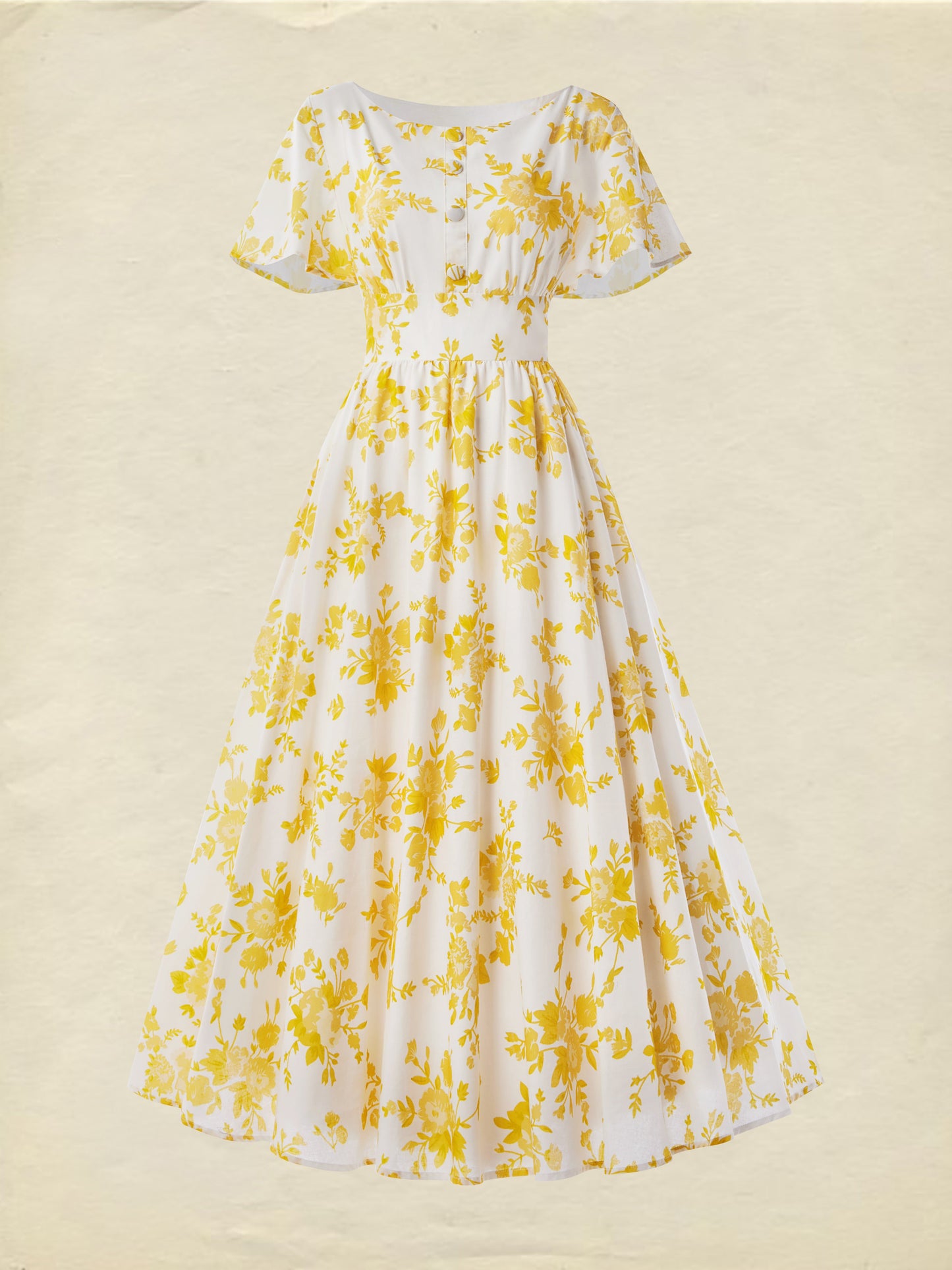 Robe longue en lin, manches cloche, col bateau, fleuri, vintage, jaune