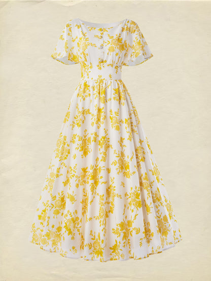 Robe longue en lin, manches cloche, col bateau, fleuri, vintage, jaune