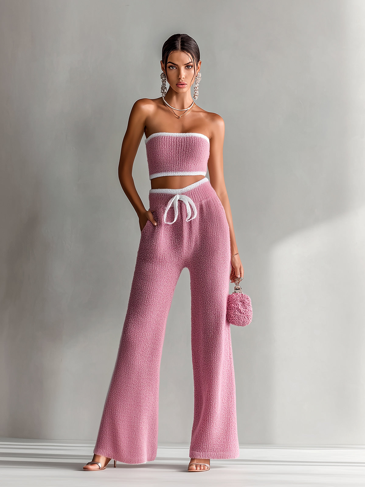 Chic Elegant Pink Contrast Trim Sleeveless Slim-Fit Bandeau High-Waisted Bow Details Wide-Leg Pants Knit Two-Piece Set
