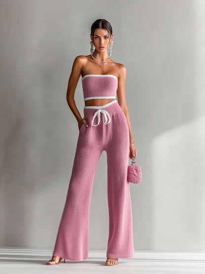 Chic Elegant Pink Contrast Trim Sleeveless Slim-Fit Bandeau High-Waisted Bow Details Wide-Leg Pants Knit Two-Piece Set