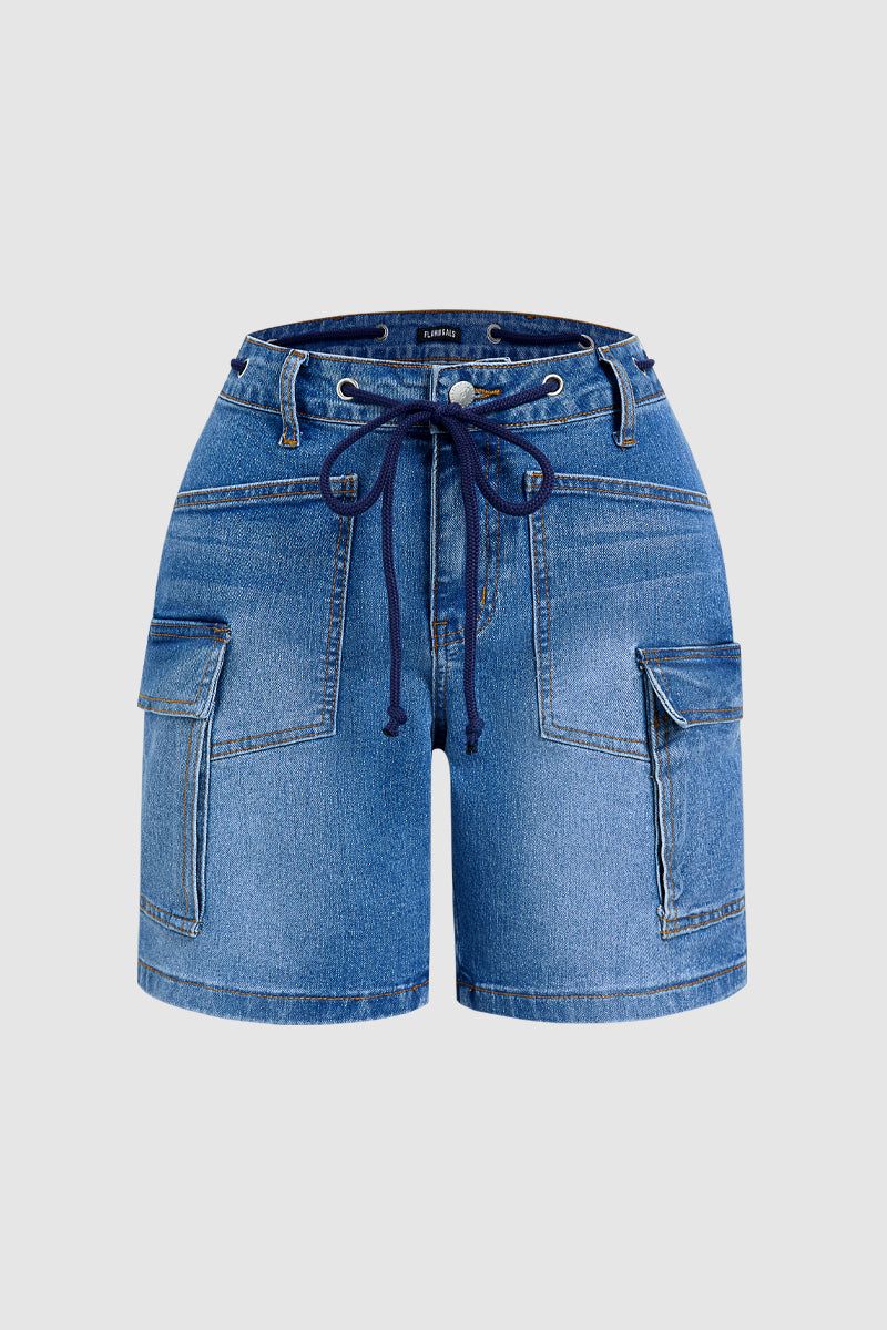 Wash Flap Pocket Drawstring High Rise Mid Thigh Denim Shorts