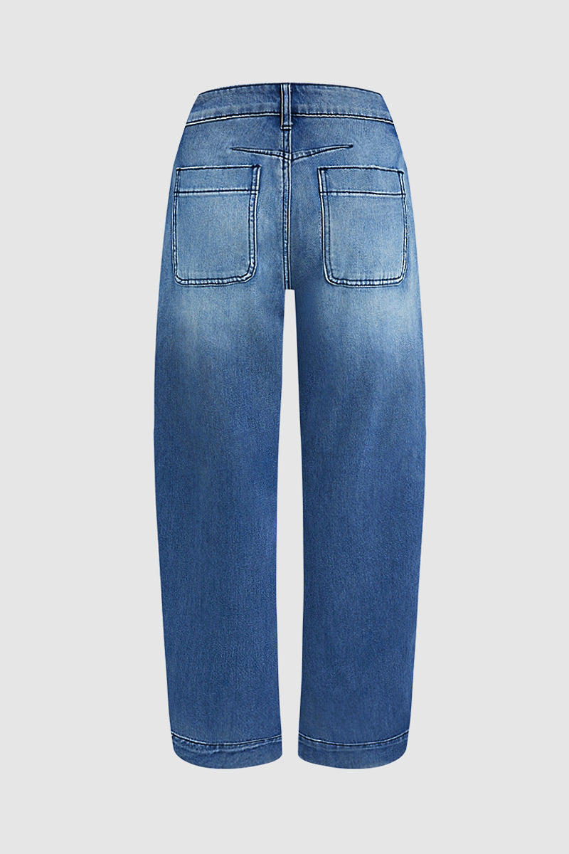 Wash Stitch Detail Mid Rise Barrel Leg Crop Jeans Without Belt