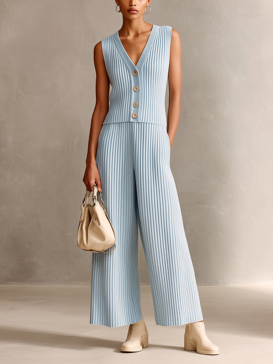 Chic Elegant Light Blue V-Neck Single-Breasted Slim-Fit Vest And Elastic Waist Wide-Leg Pants Ribbed Knit Two-Piece Set