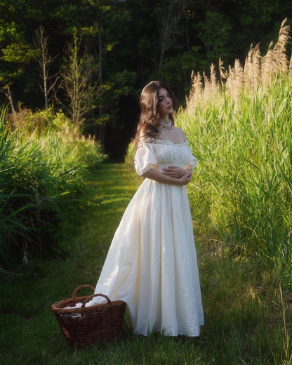 Robe longue en lin, Manches courtes, Épaules dénudées, Unie, Vintage, Quotidien, Blanc