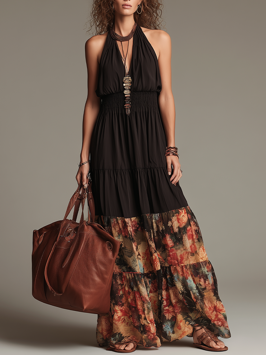 Robe longue bohème smockée à encolure dos-nu