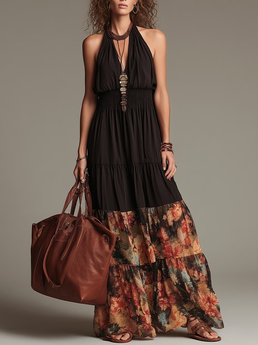 Robe longue bohème smockée à encolure dos-nu