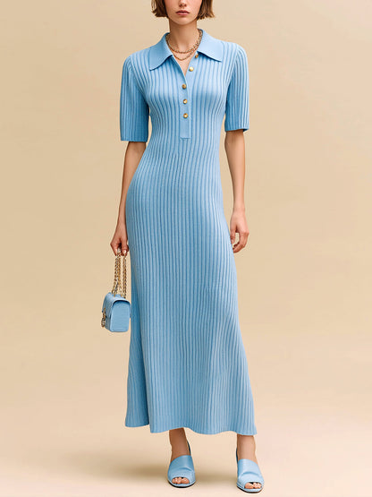 Chic Elegant Blue Lapel Collar Button-Front Short-Sleeve Slim-Fit Flare Hem Ribbed Knit Maxi Dress