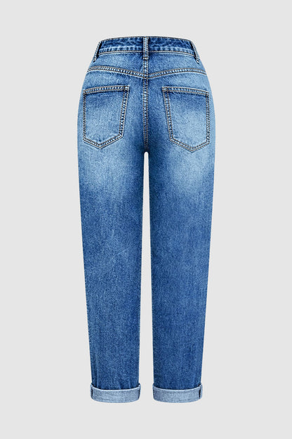 Wash Button Decor Roll Hem High Rise Crop Tapered Jeans