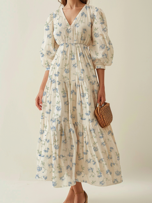 Robe longue en lin, Manches 3/4, Col en V, Mélange de lin, Bleu