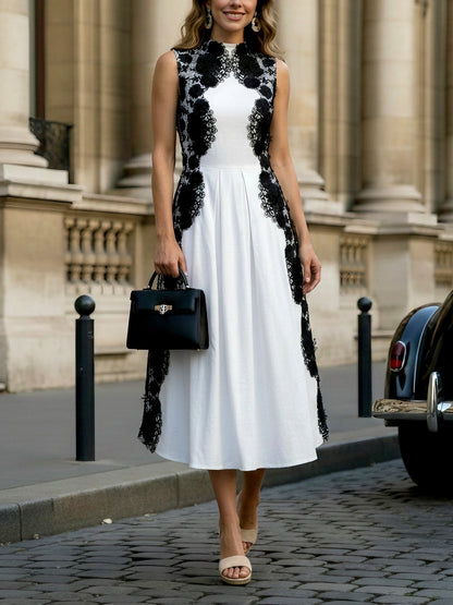 Robe midi en coton, sans manches, col montant, unie, dentelle, vintage français, blanche