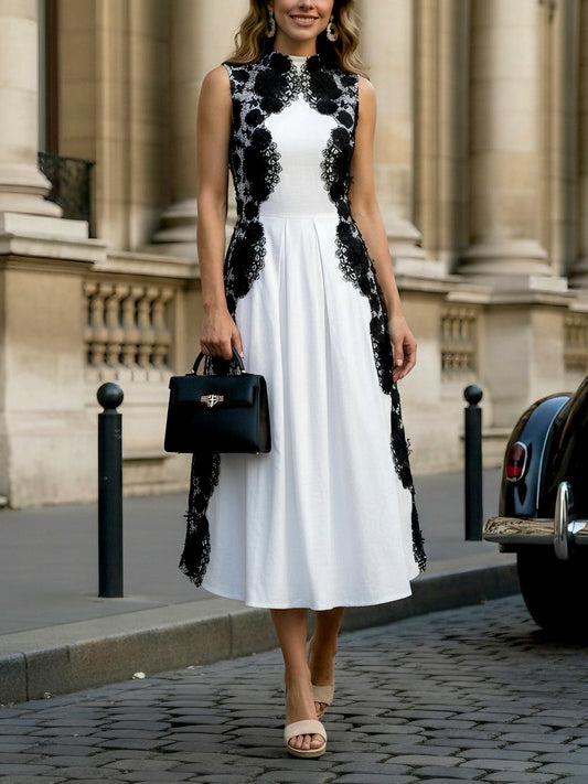 Robe midi en coton, sans manches, col montant, unie, dentelle, vintage français, blanche