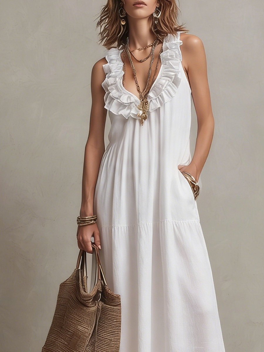 Robe décontractée blanche à volants et col en V