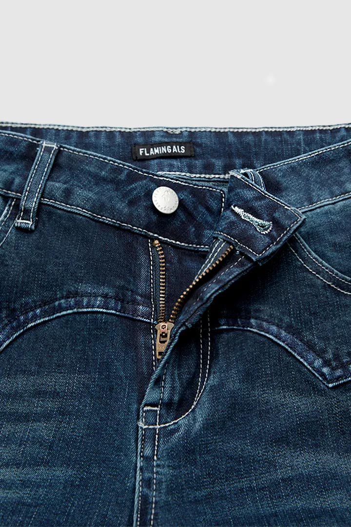Wash Stitch Detail Mid Rise Straight Leg Jeans Without Belt