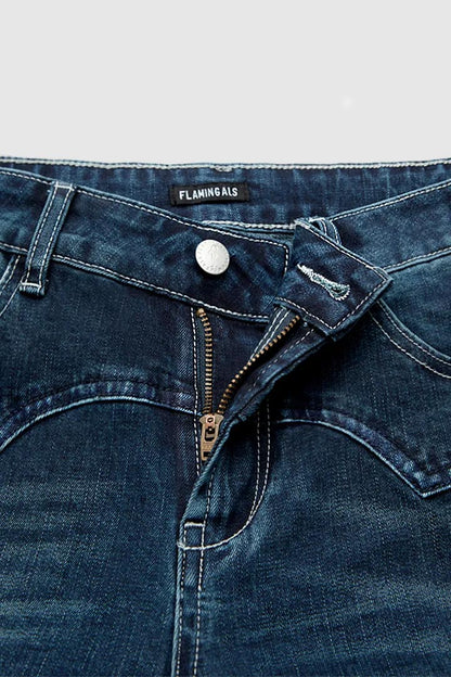 Wash Stitch Detail Mid Rise Straight Leg Jeans Without Belt