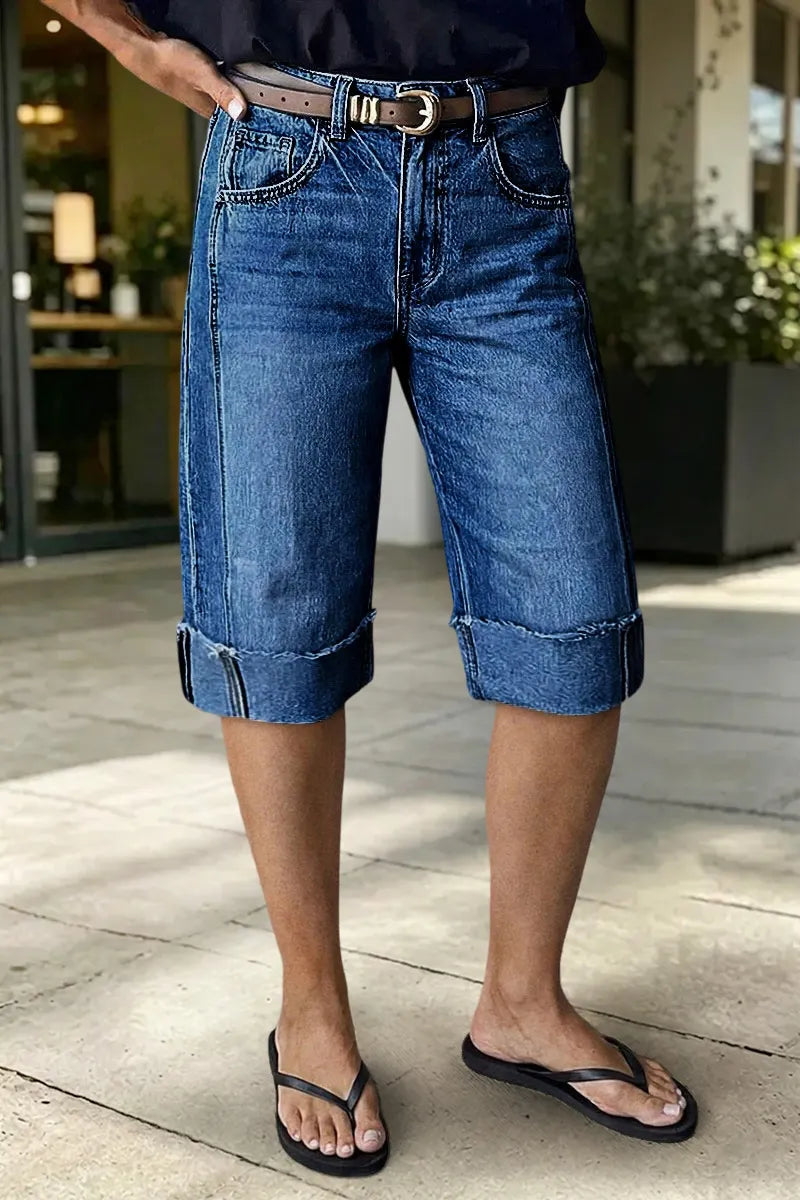 Seam Front Raw Hem High Rise Denim Bermuda Shorts Without Belt