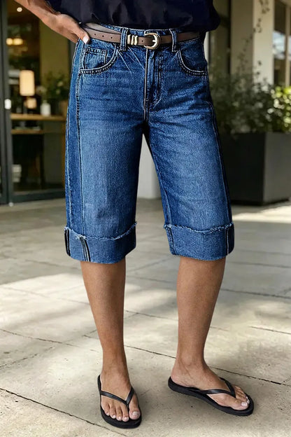 Seam Front Raw Hem High Rise Denim Bermuda Shorts Without Belt