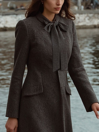 Manteau trench en laine, manches longues, uni, poches, vintage, gris foncé