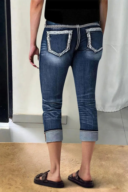 Ripped Roll Hem Wash Stretchy Low Waist Capri Jeans