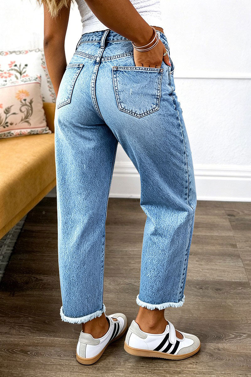 Raw Hem Ripped Mid Waist Straight Leg Crop Jeans