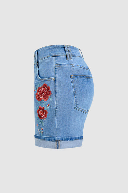 Roll Hem Floral Embroidery Mid Waist Denim Shorts