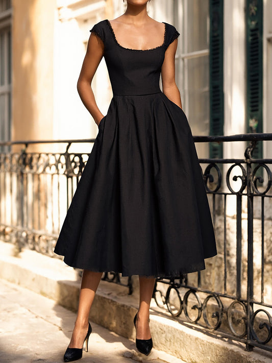 Robe Midi en Lin, Sans Manches, Col en Dentelle, Unie, Dentelle, Vintage Français, Noir