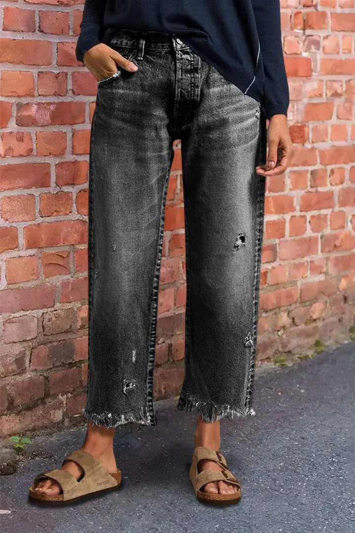 Wash Raw Hem Ripped Mid Rise Crop Straight Leg Jeans