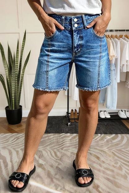 Wash Seam Front Raw Hem Dual Button High Rise Mid Thigh Denim Shorts