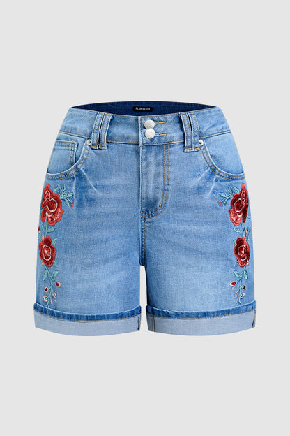 Roll Hem Floral Embroidery Mid Waist Denim Shorts