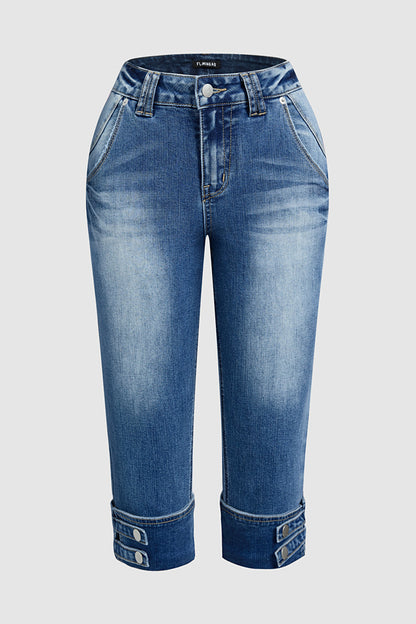 Button Tab Roll Hem Mid Waist Skinny Capri Jeans