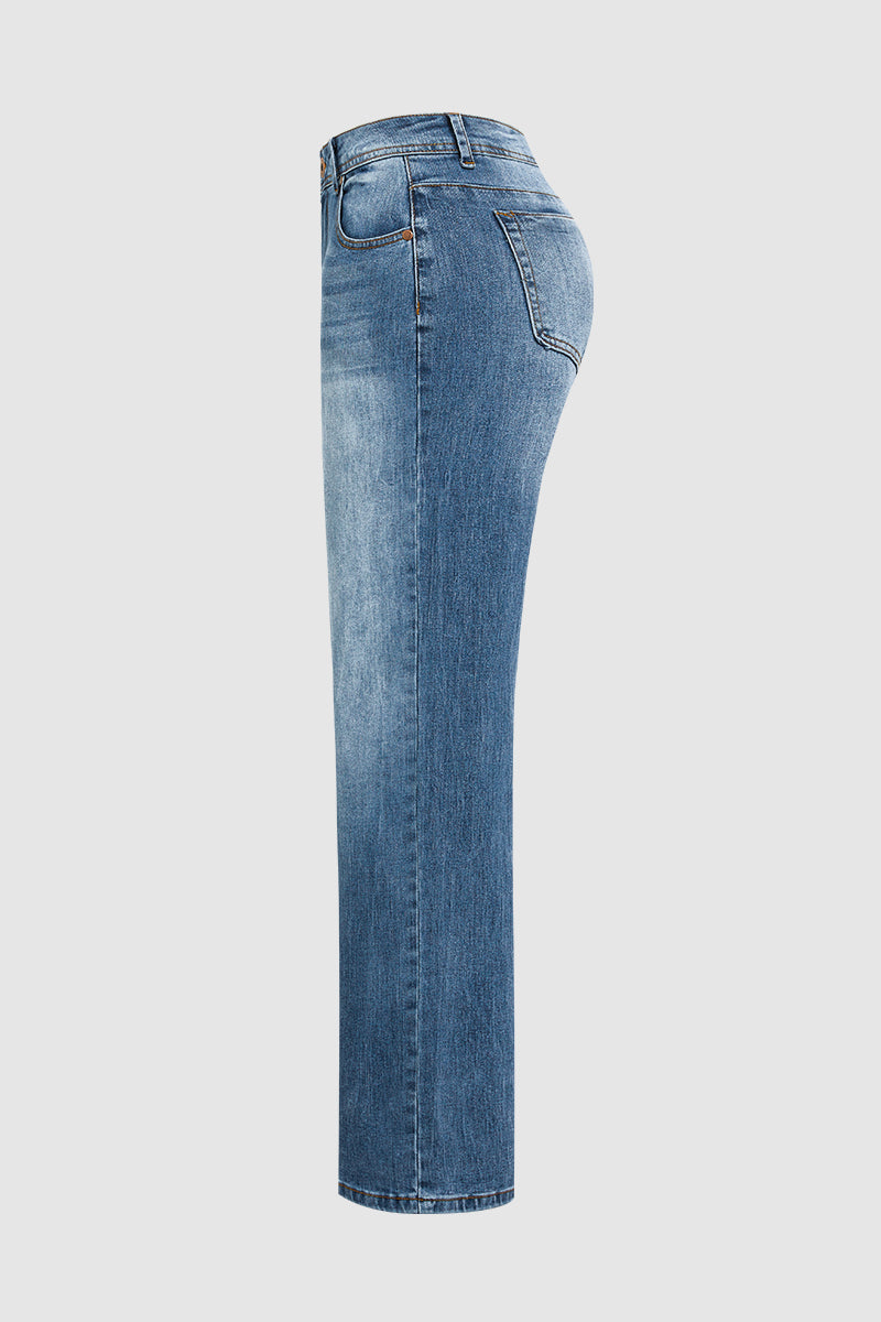 Wash Stretchy Mid Waist Straight Leg Jeans