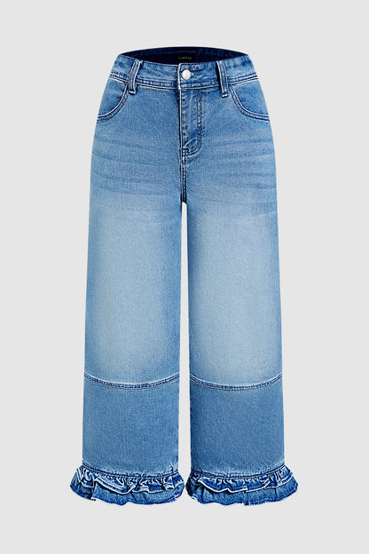 Wash Stitch Detail Ruffle Hem Mid Rise Wide Leg Crop Jeans