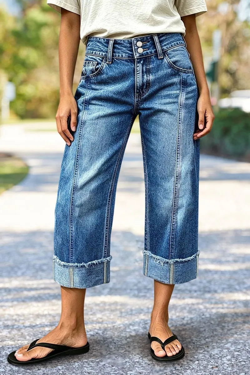 Raw Hem Stitch Detail Mid Waist Straight Leg Crop Jeans