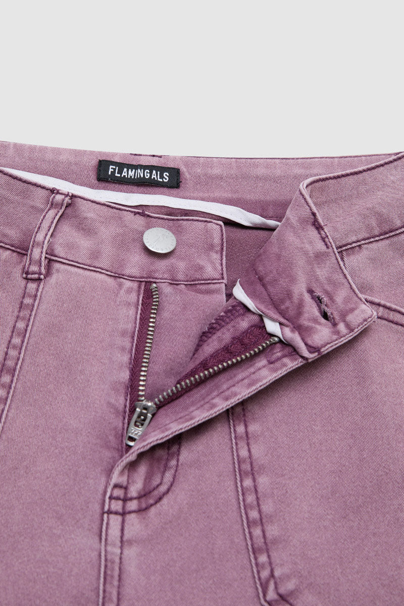 Stitch Detail Side Pocket Mid Waist Straight Leg Capri Pants Without Belt