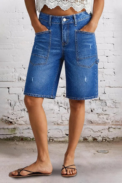 Wash Ripped Patch Pocket High Rise Denim Bermuda Shorts