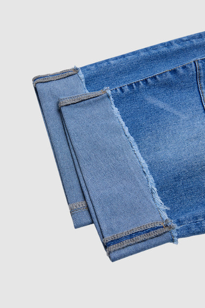 Wash Roll Hem Ripped Patch Pocket Drawstring Straight Leg Mid Rise Capri Jeans