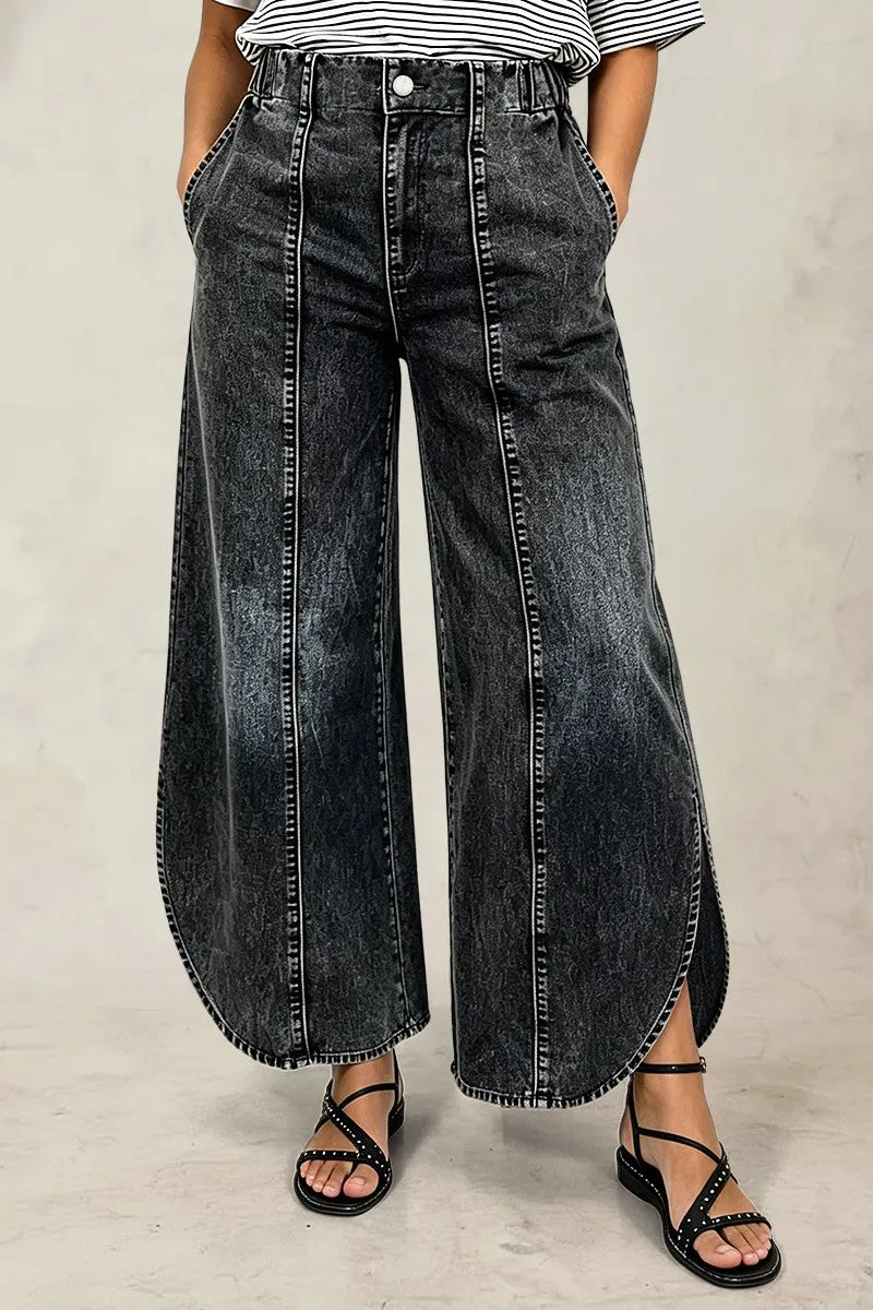 Wash Split Stitch Detail Wide Leg High Waist Jeans