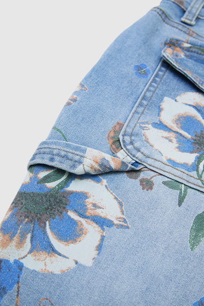 Wash Floral Print Flap Pocket Mid Rise Barrel Leg Crop Jeans